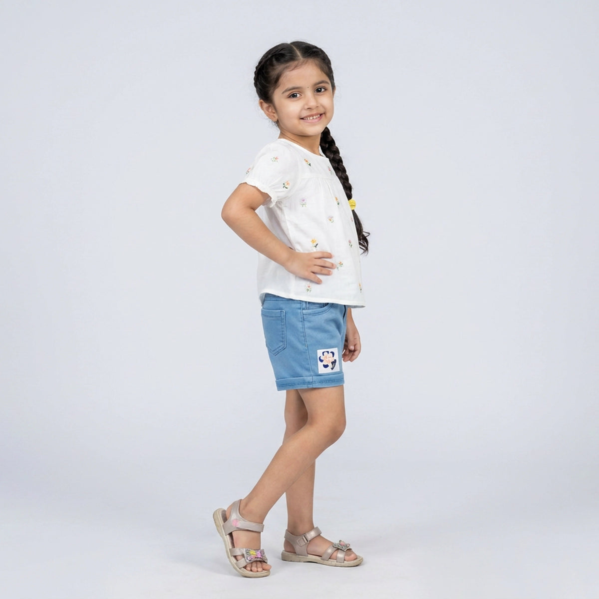 Girls Light Wash Denim Shorts with Floral Patch Detail
