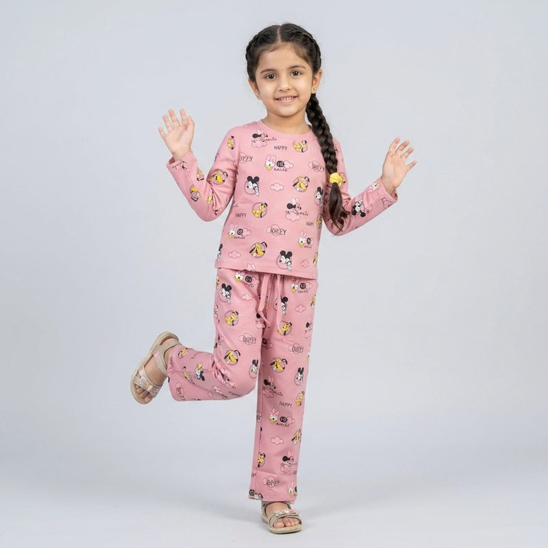 Girls Cartoon Printed Night Suit Set – Soft Full Sleeve Kids Co-Ord Pajama Set