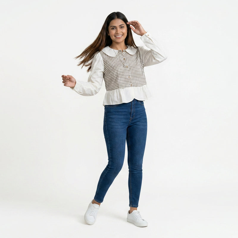 Women’s Gingham Peplum Top with Peter Pan Collar – Casual Chic Outfit Set