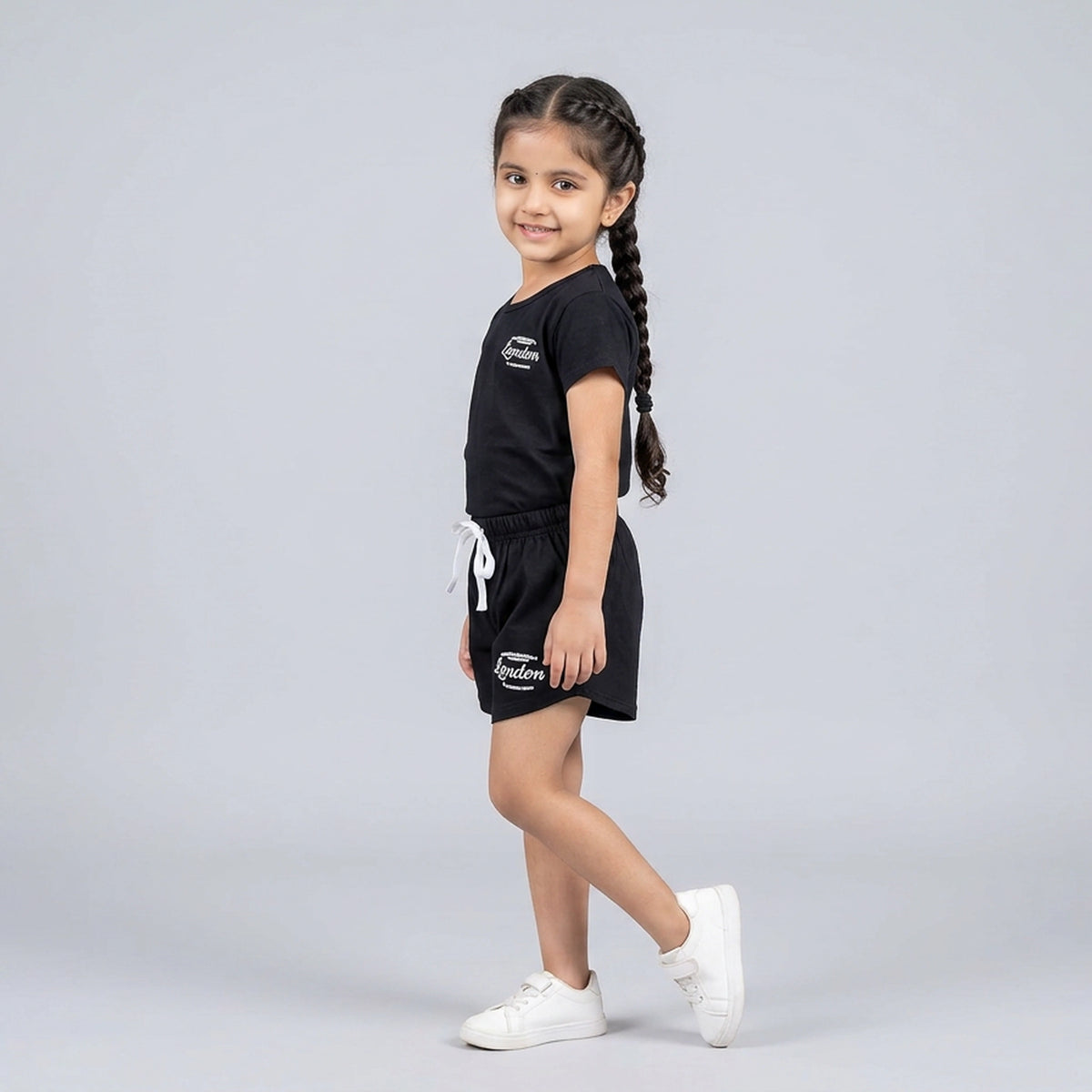 Kids Black London Print Cotton T-Shirt with Drawstring Shorts Set