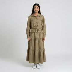 Women’s Pleated Maxi Dress with Crop Shirt Top – Elegant Long Sleeve Dress
