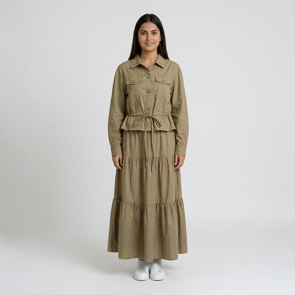 Women’s Pleated Maxi Dress with Crop Shirt Top – Elegant Long Sleeve Dress