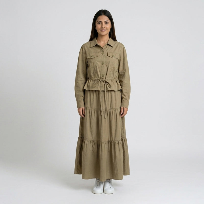 Women’s Pleated Maxi Dress with Crop Shirt Top – Elegant Long Sleeve Dress