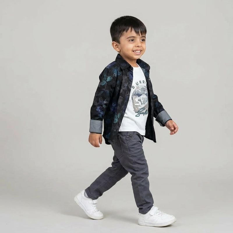 Boys Dark Printed Shirt with Graphic T-Shirt & Grey Jeans – Stylish Kids 3-Piece Casual Outfit Set KD-MV-B-SET-10060