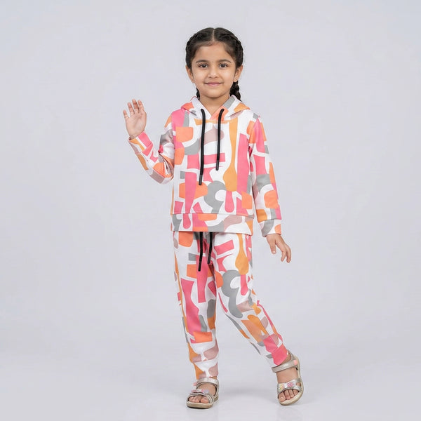 Girls Multicolor Printed Hoodie Co-Ord Set – Trendy Sweatshirt & Jogger Outfit for Kids