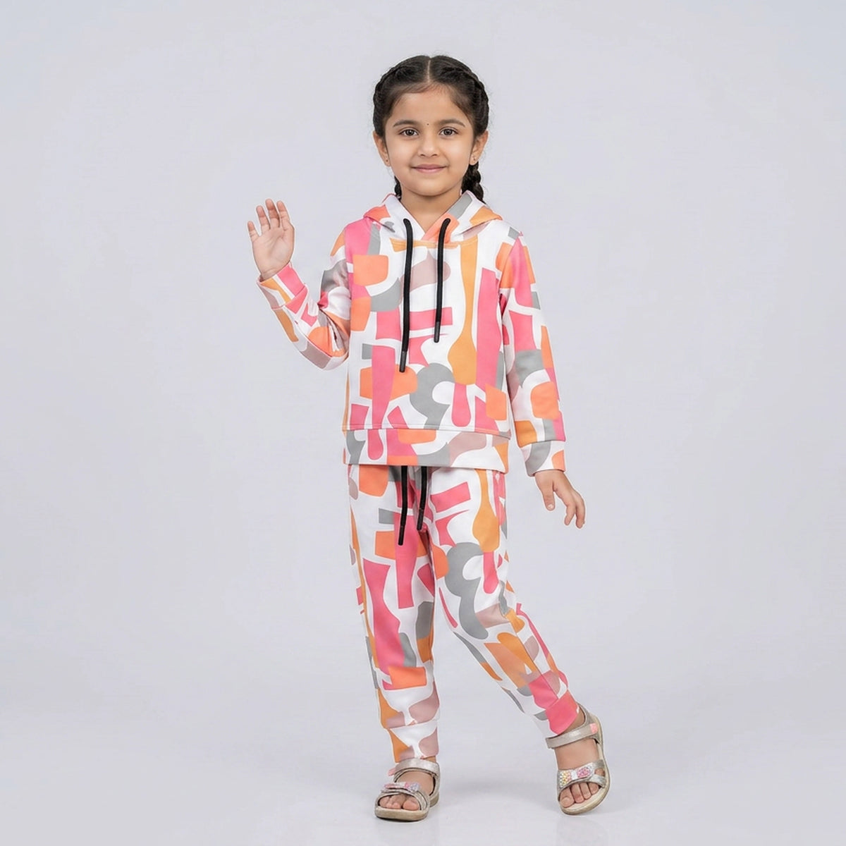 Girls Multicolor Printed Hoodie Co-Ord Set – Trendy Sweatshirt & Jogger Outfit for Kids - image 3