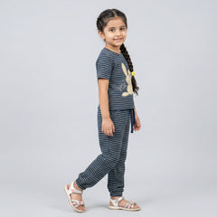 Girls Striped Co-Ord Set – Cute Bunny Print Cotton Top & Jogger Pants for Kids