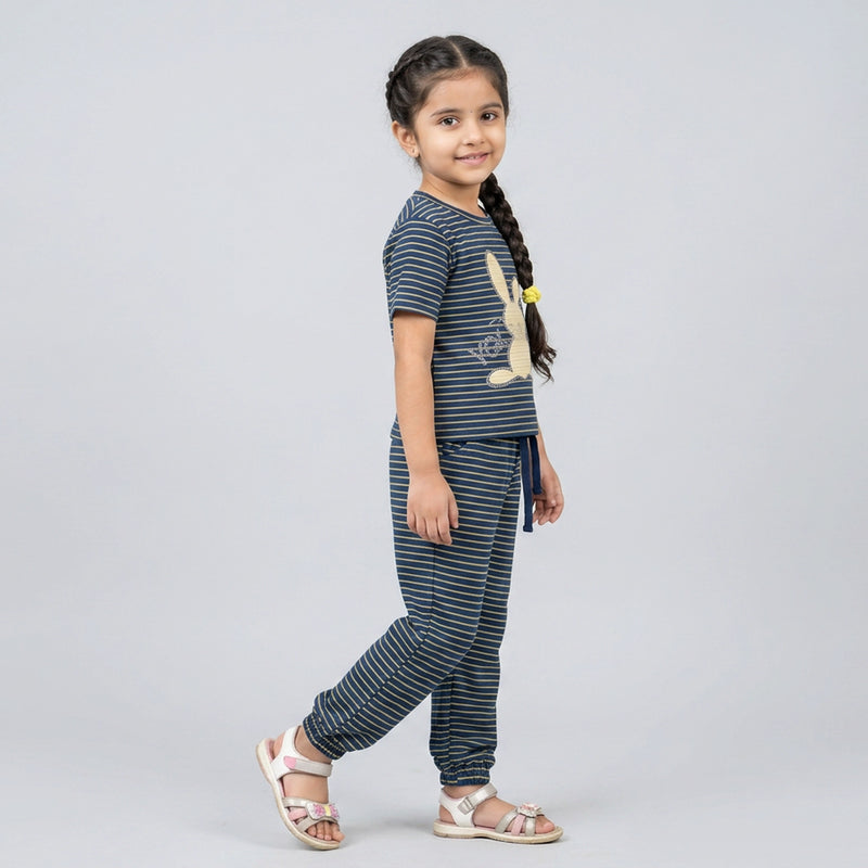 Girls Striped Co-Ord Set – Cute Bunny Print Cotton Top & Jogger Pants for Kids