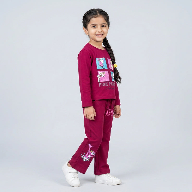 Little girl wearing maroon Pink Panther printed co-ord set with sweatshirt and wide-leg pants for kids casual wear