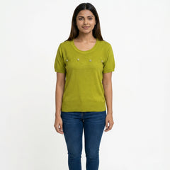 Women Knit Top – Casual Short Sleeve T-Shirt with Minimal Embroidery Detail