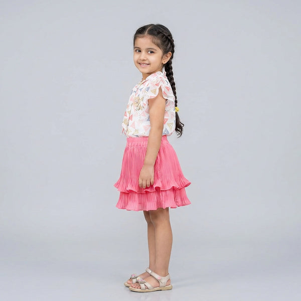 Girls Pink Pleated Skirt & Printed Top Set – Stylish Party Wear Outfit for Kids