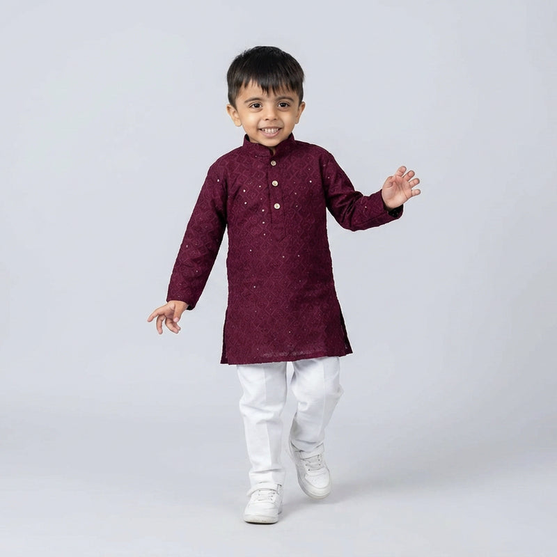 Boys Embroidered Kurta Set with White Pajama – Festive Ethnic Wear for Kids