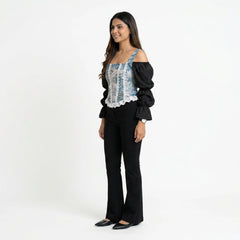 Women’s Printed Corset Top with Sheer Puff Sleeves & Black Wide-Leg Pants – Elegant Party Outfit Set