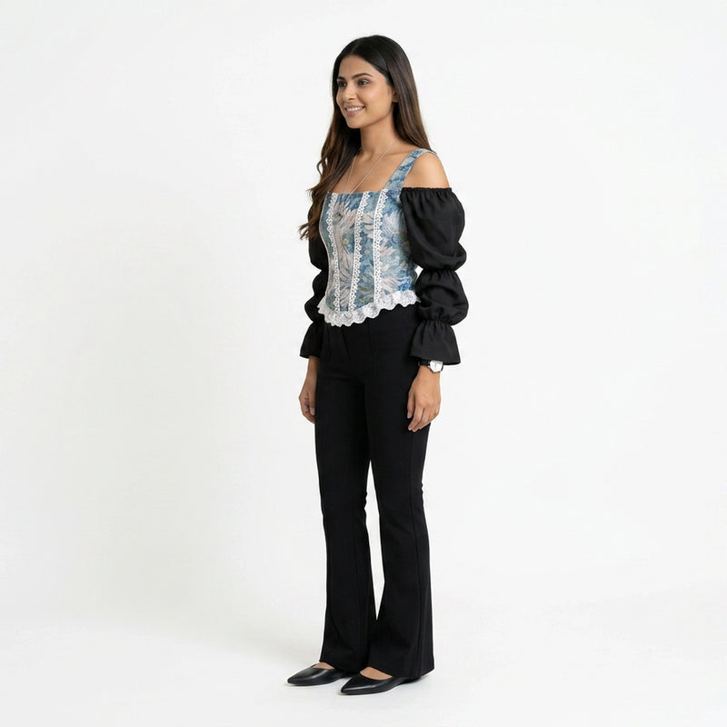 Women’s Printed Corset Top with Sheer Puff Sleeves & Black Wide-Leg Pants – Elegant Party Outfit Set