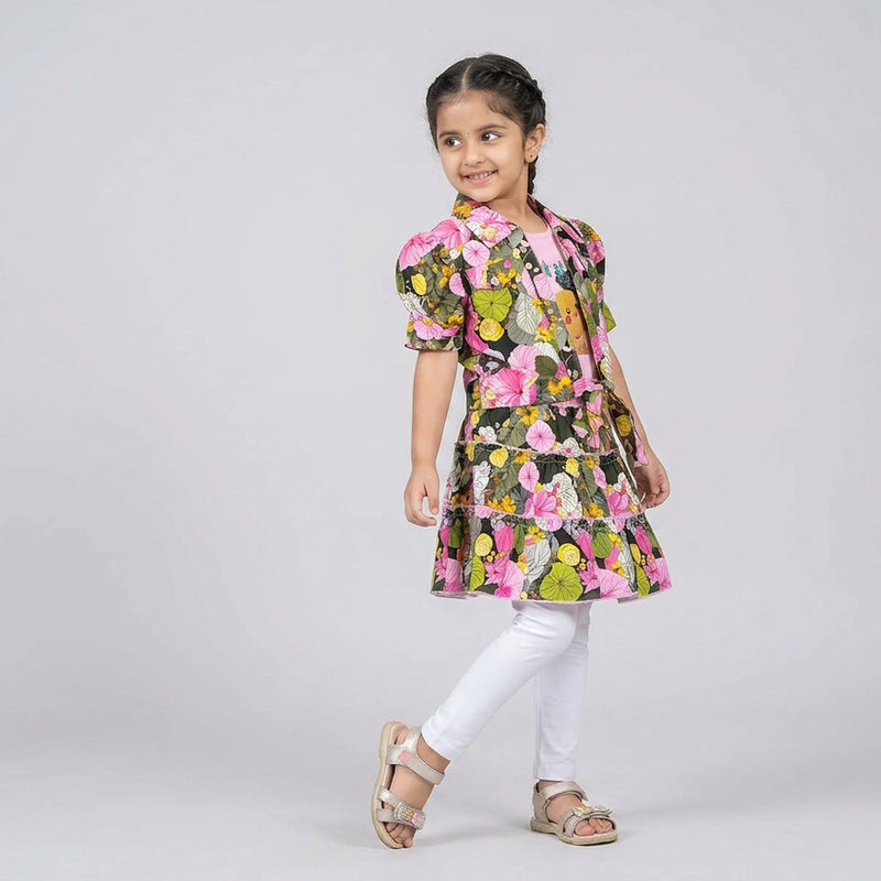 Girls Tropical Floral Dress Set with Matching Jacket – Stylish Party Wear Outfit for Kids