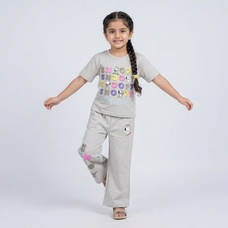 Girls Snoopy Printed Co-Ord Set – Beige Graphic T-Shirt & Wide Leg Pants for Kids