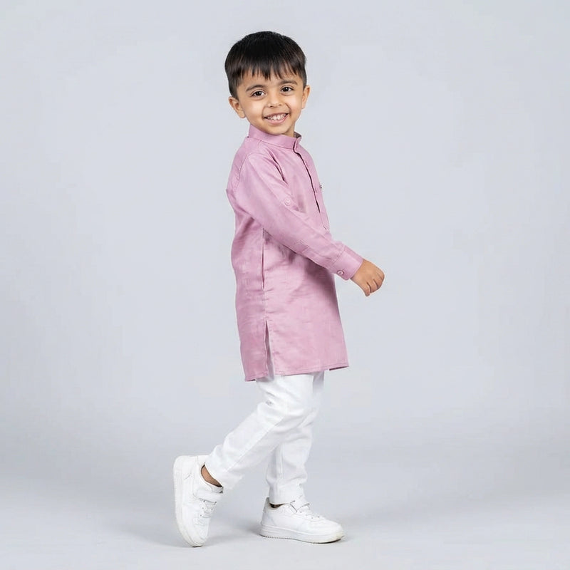 Boys Pink Kurta Set with White Pajama – Classic Festive Ethnic Wear for Kids