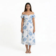 Floral Midi Dress with Puff Sleeves & Sweetheart Neckline – Elegant Summer A-Line Dress for Women