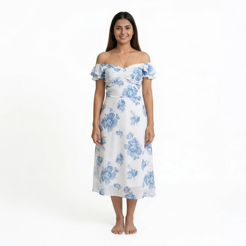 Floral Midi Dress with Puff Sleeves & Sweetheart Neckline – Elegant Summer A-Line Dress for Women