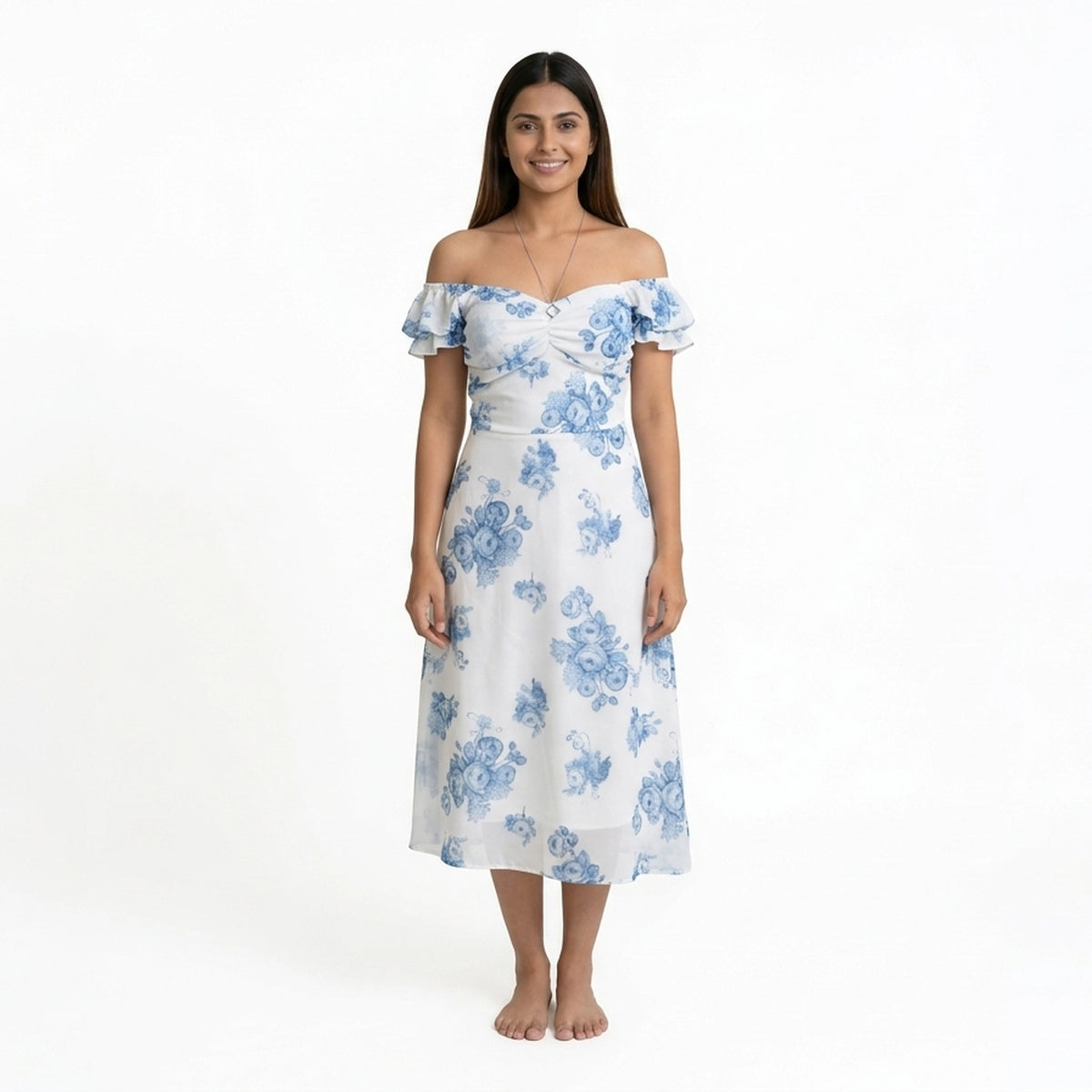 Floral Midi Dress with Puff Sleeves & Sweetheart Neckline – Elegant Summer A-Line Dress for Women - image 6