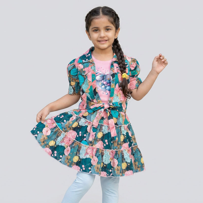 Girls Tropical Floral Dress Set with Matching Jacket – Stylish Party Wear Outfit for Kids