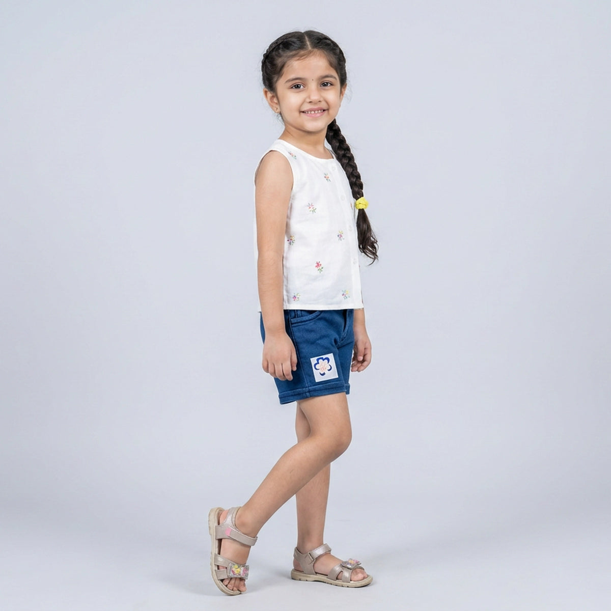 Girls Light Wash Denim Shorts with Floral Patch Detail