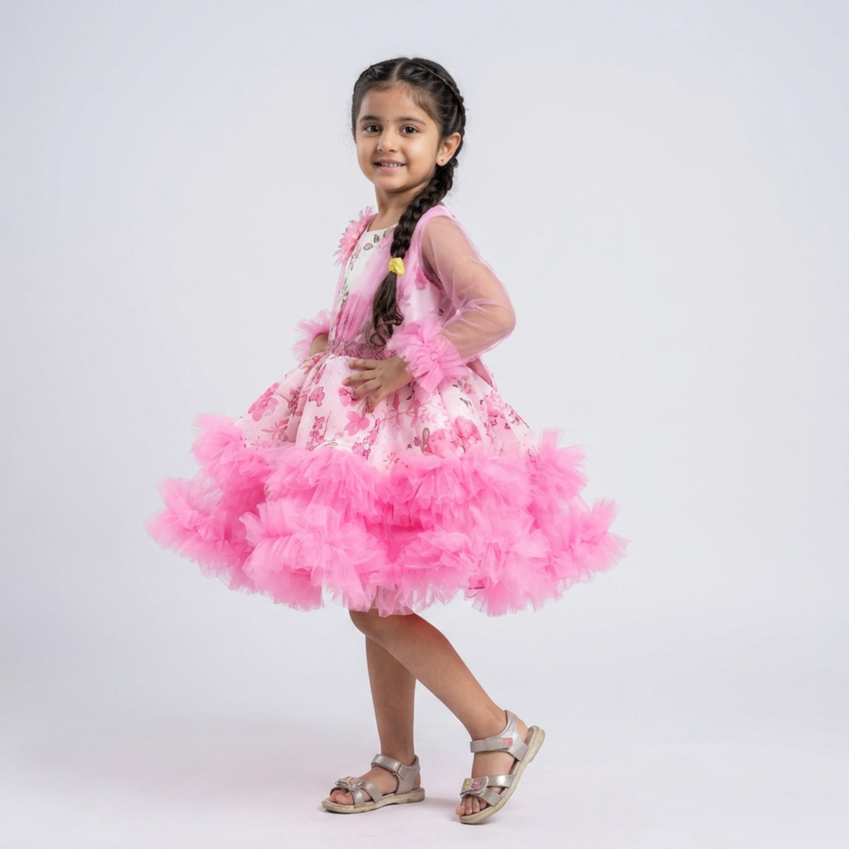 Girls Printed Ruffle Tulle Party Dress with Sheer Sleeves