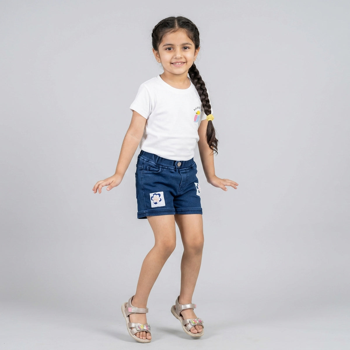 Girls Light Wash Denim Shorts with Floral Patch Detail