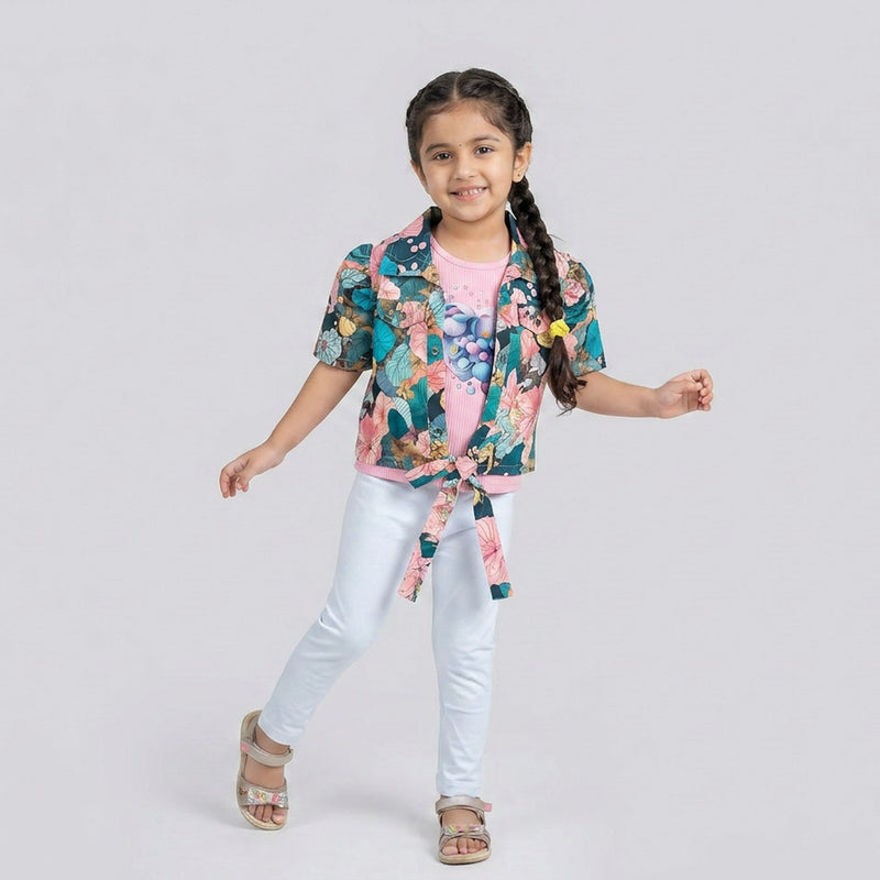 Girls Tropical Floral Dress Set with Matching Jacket – Stylish Party Wear Outfit for Kids
