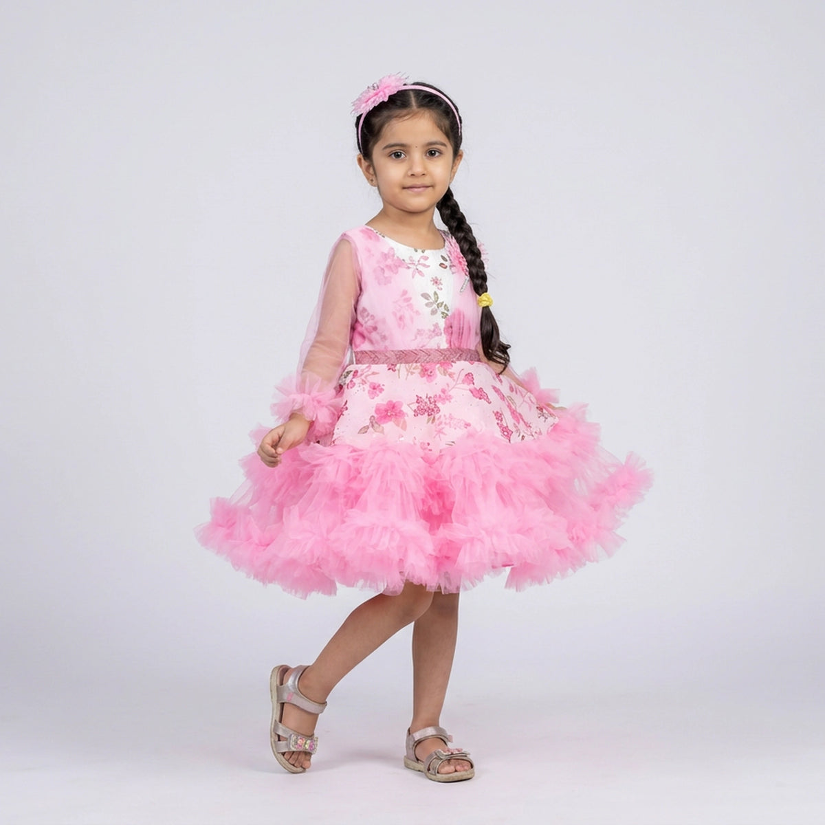 Girls Printed Ruffle Tulle Party Dress with Sheer Sleeves