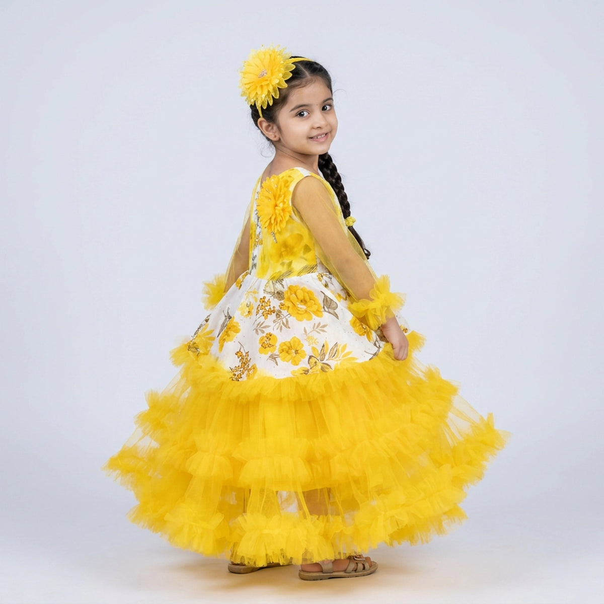 Girls Printed Ruffle Tulle Party Dress with Sheer Sleeves