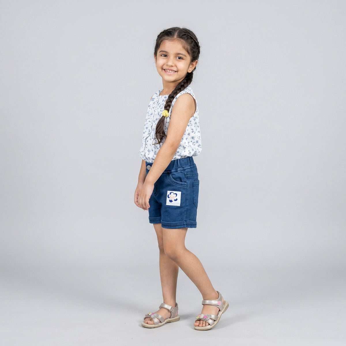 Girls Light Wash Denim Shorts with Floral Patch Detail