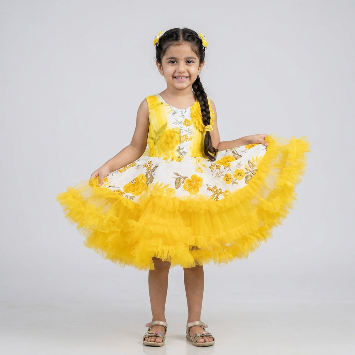 Girls Printed Ruffle Tulle Party Dress with Sheer Sleeves