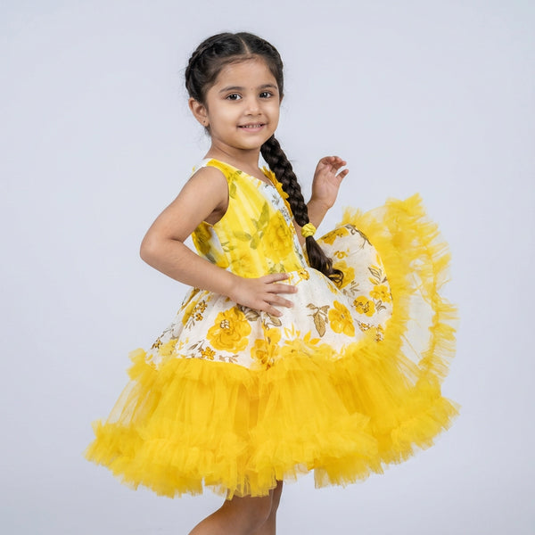 Girls Printed Ruffle Tulle Party Dress with Sheer Sleeves