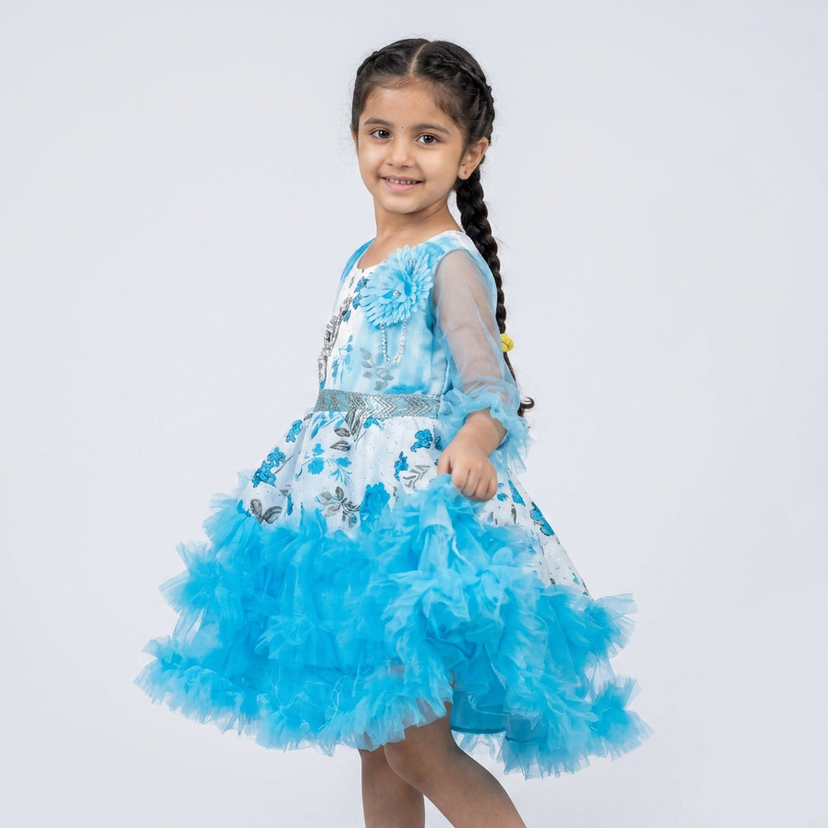 Girls Printed Ruffle Tulle Party Dress with Sheer Sleeves