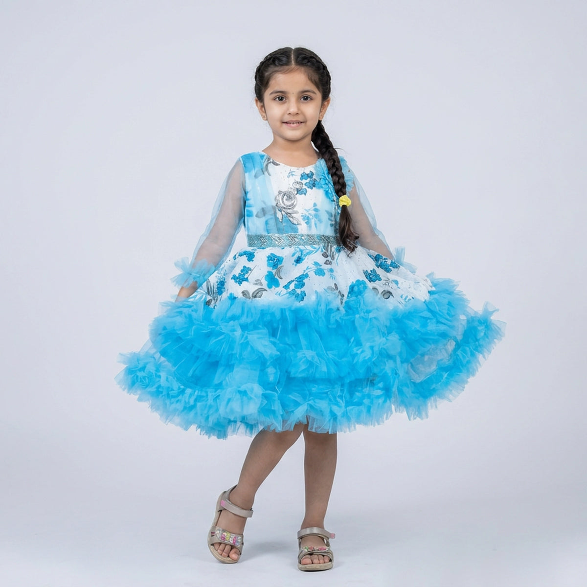 Girls Printed Ruffle Tulle Party Dress with Sheer Sleeves