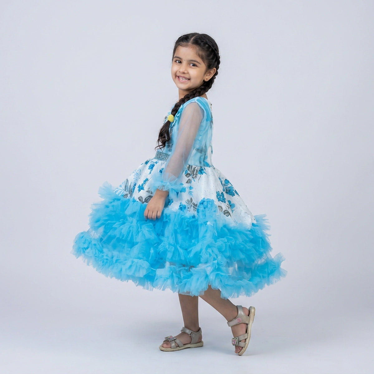 Girls Printed Ruffle Tulle Party Dress with Sheer Sleeves