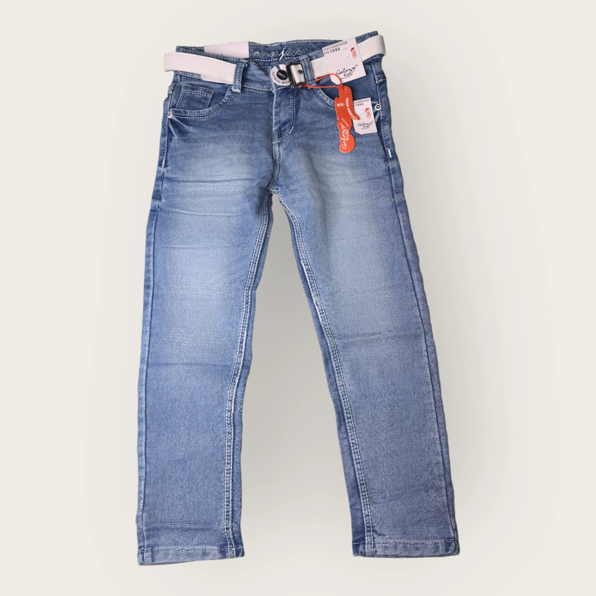 Light Blue Slim Fit Denim Jeans for Boys with White Belt – Trendy Kids Jeans | MetroVibe - image 1