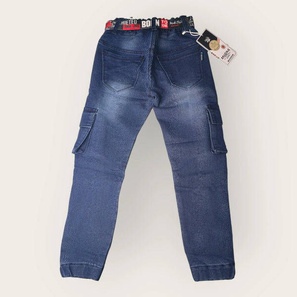 Dark Blue Cargo Denim Jeans for Boys with Elastic Waist – Comfortable & Stylish | MetroVibe