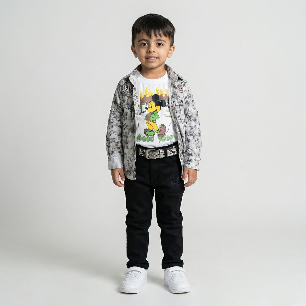 Boys Blue Printed Denim Look Shirt with Cartoon Graphic T-Shirt, Blue Jeans and White Sneakers - image 4