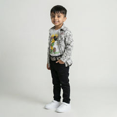 Boys Grey Printed Shirt with Graphic T-Shirt and Black Trousers Set