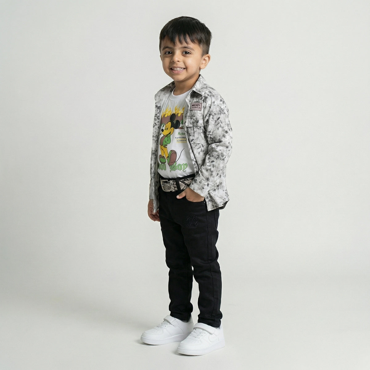 Boys Grey Printed Shirt with Graphic T-Shirt and Black Trousers Set