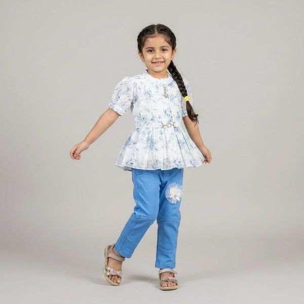 Girls White Blue Floral Print Peplum Top with Denim Jeggings Set