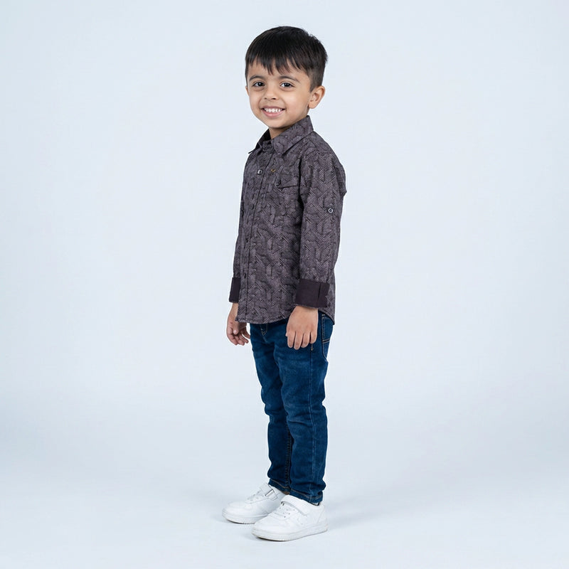 Boys Grey Printed Shirt with Denim Jeans – Smart Casual Outfit for Kids