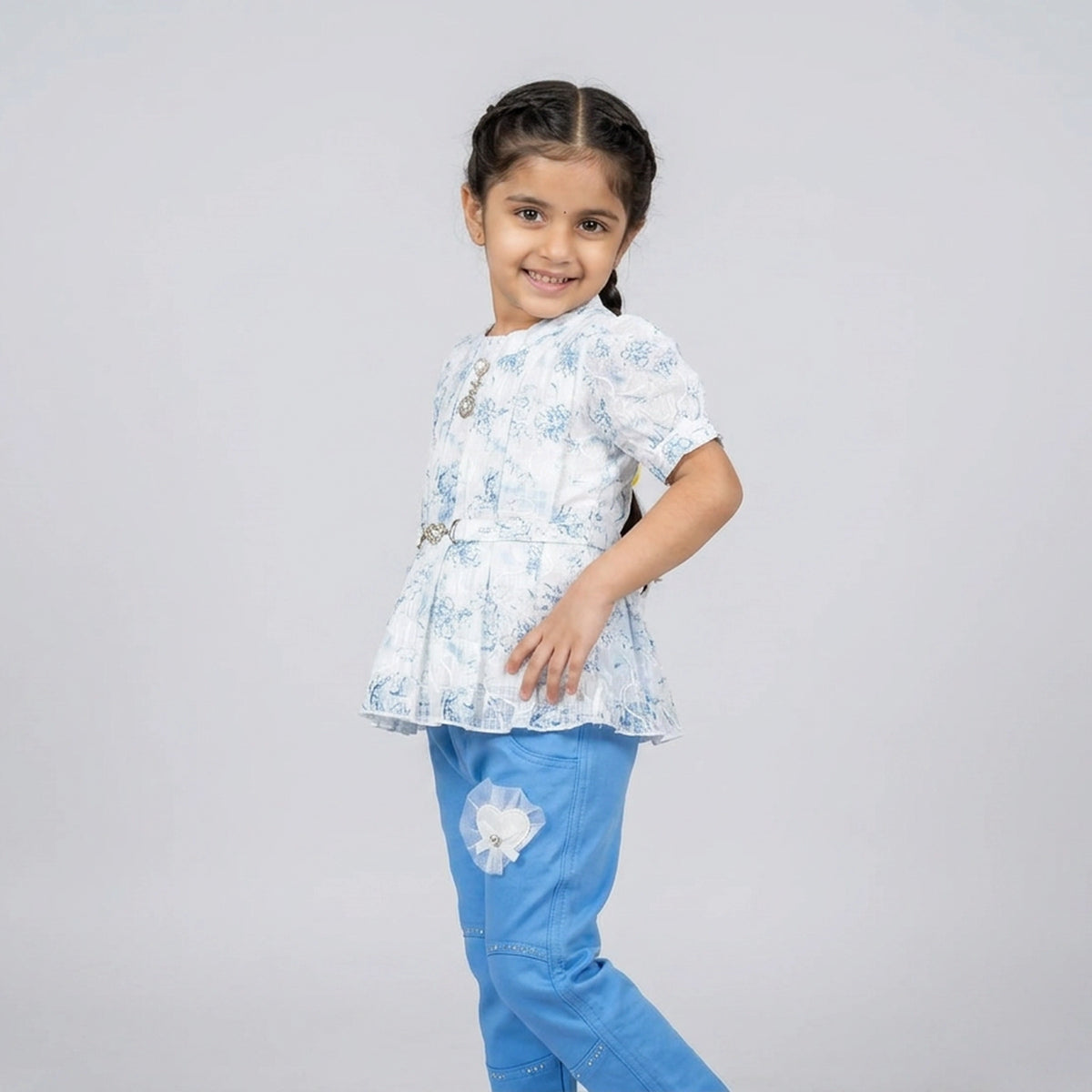 Girls White Blue Floral Print Peplum Top with Denim Jeggings Set