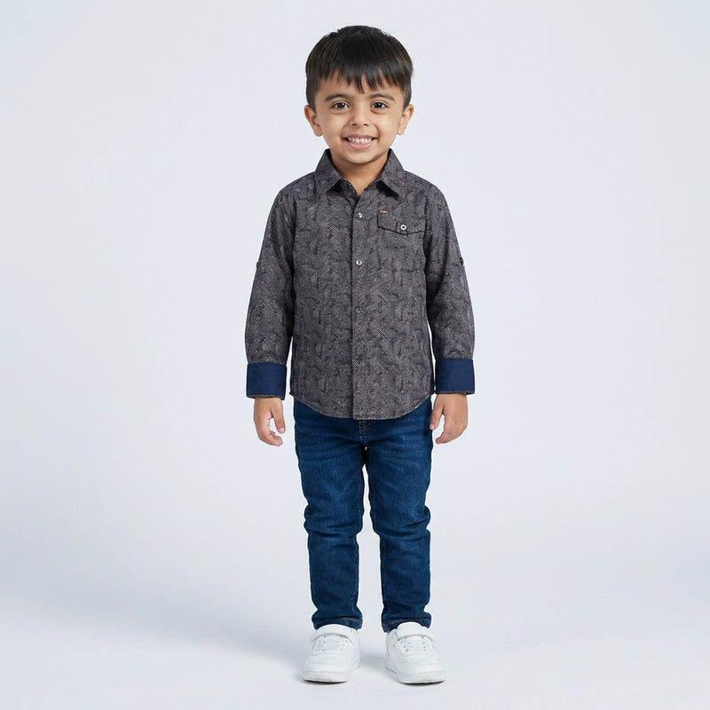 Boys Grey Printed Shirt with Denim Jeans – Smart Casual Outfit for Kids