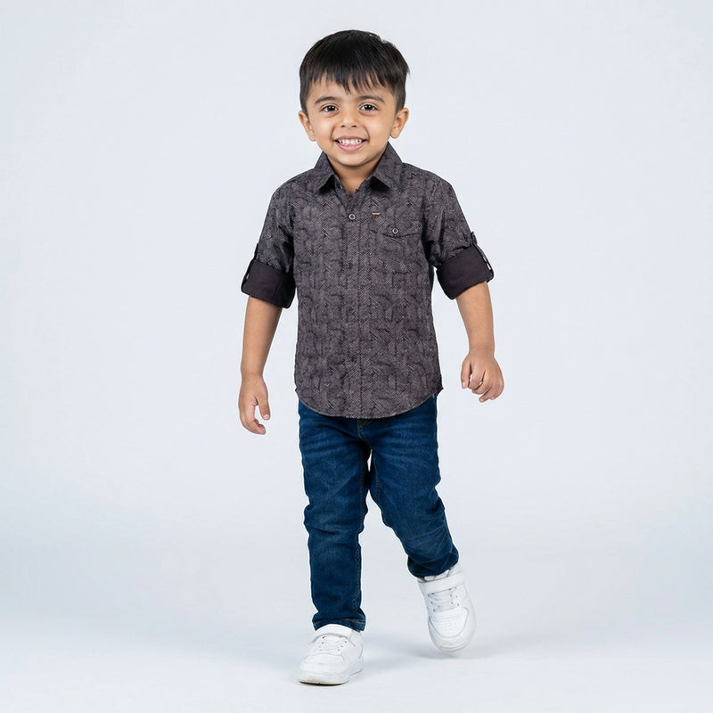 Boys Grey Printed Shirt with Denim Jeans – Smart Casual Outfit for Kids