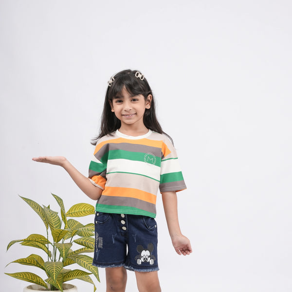 Stylish Girls Striped Cotton T-Shirt – Quarter Sleeves & Trendy Fit
