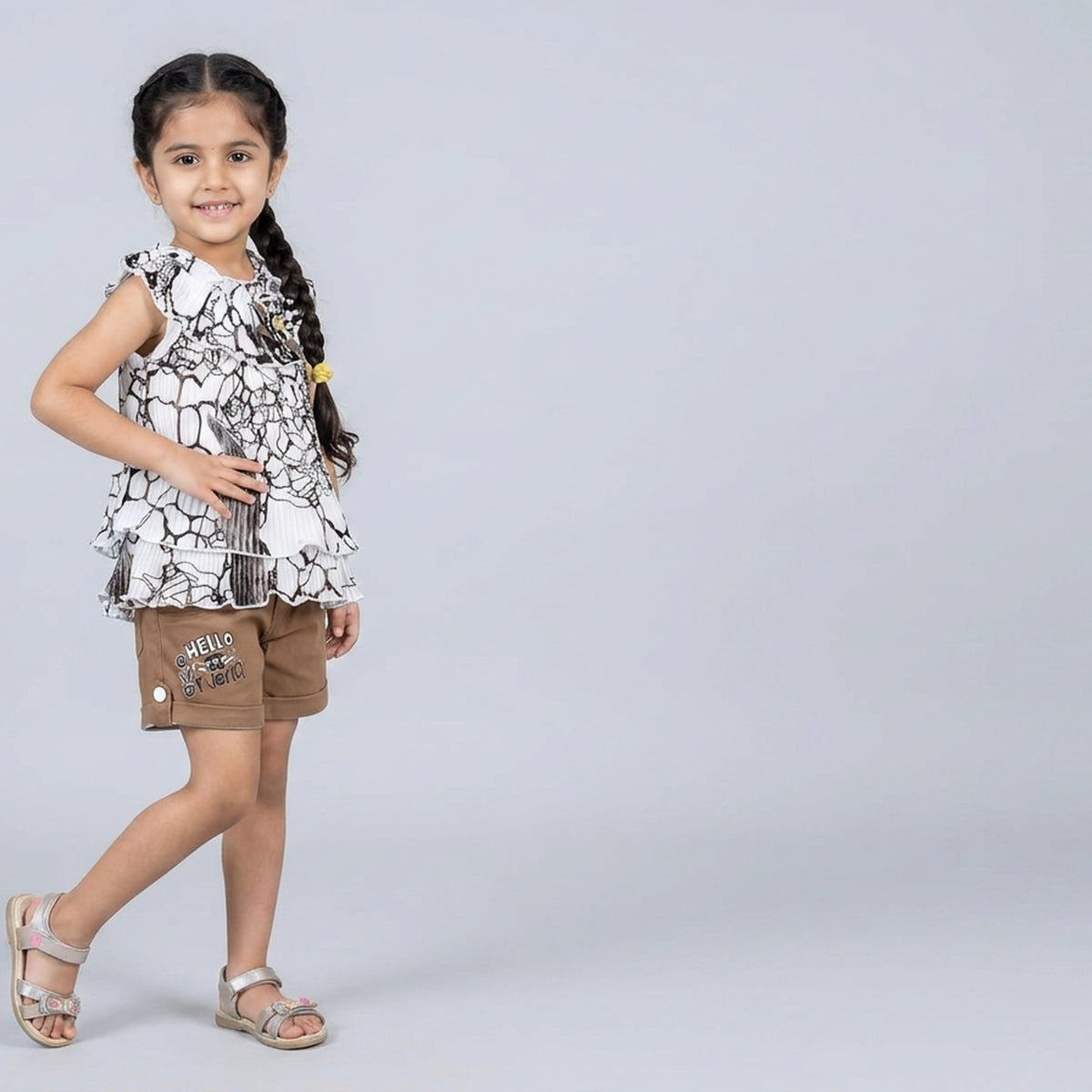 Girls Black & White Abstract Print Ruffle Top with Camel Shorts Set