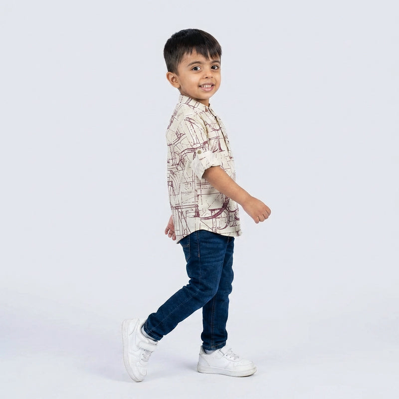 Boys Printed Kurta Shirt with Denim Jeans – Casual Ethnic Fusion Wear for Kids
